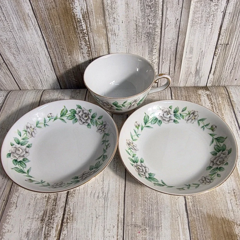 Regal China Virginia Tea Cup and Saucer Set White Floral Gold Trim 3 Piece Japan